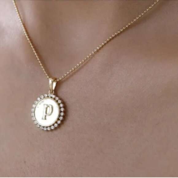 Moissanite Medallion Coin Initial P Pendant Necklace - Picture 3 of 4